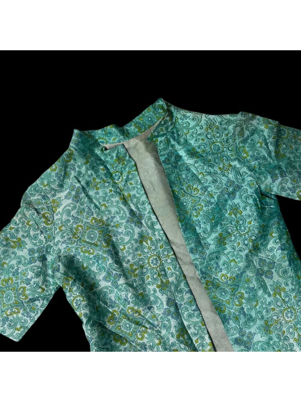 Vintage Open Front Jacket Short Sleeves Teal Green Paisley Handmade 50s Floral